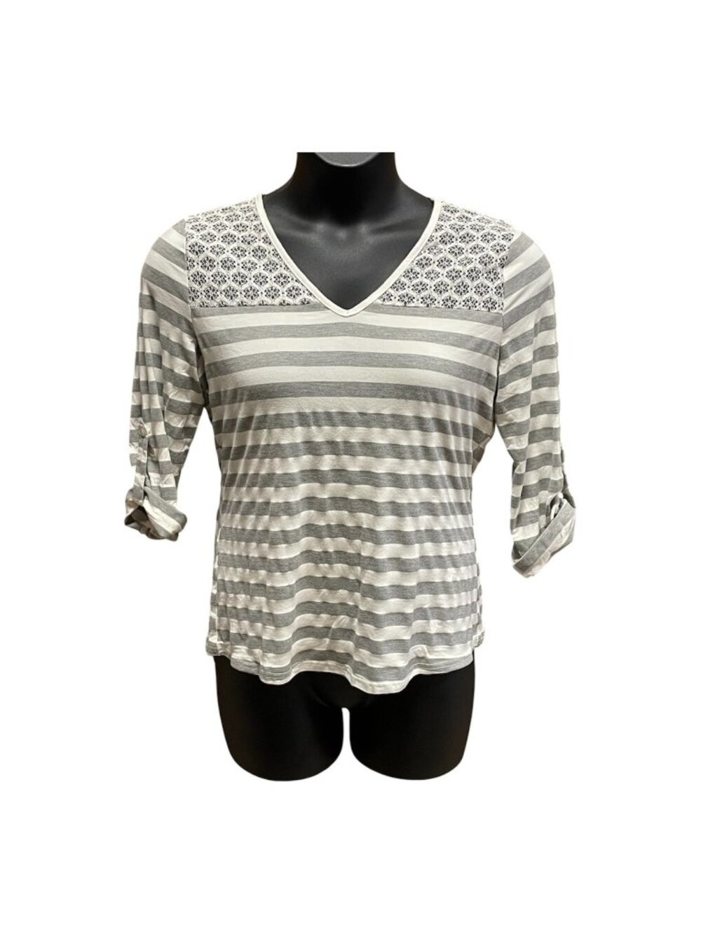 Women's Market & Spruce Size Medium - Gray & White 3/4 Sleeve Top w/ Lace